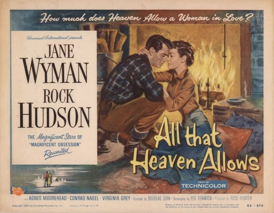 Affiche de All That Heaven Allows avec Jane Wyman et Rock Hudson devant une cheminée